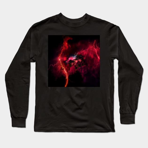 Red Lightning Stormy Electric Sky Long Sleeve T-Shirt by Punderstandable